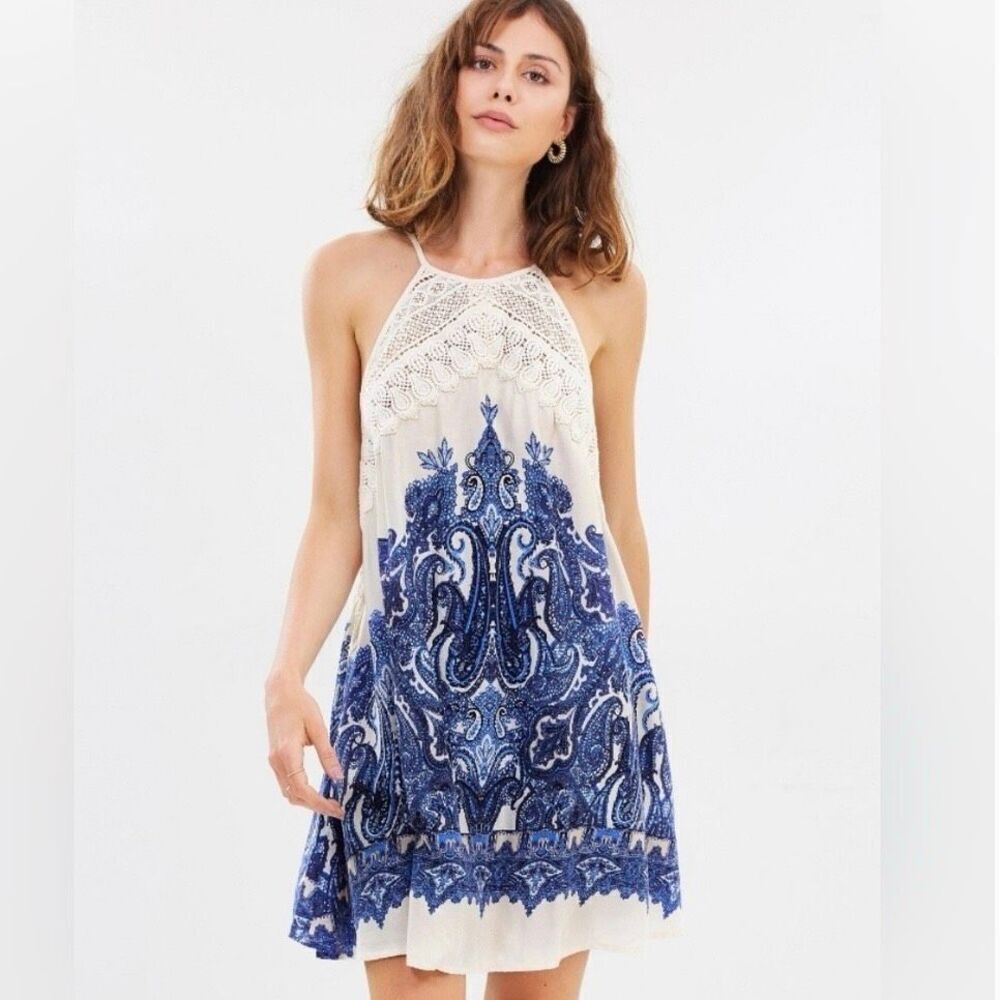 Free People Shea Mini Dress Blue Cream Size XS Boho Festival Swing Slip - Picture 1 of 7